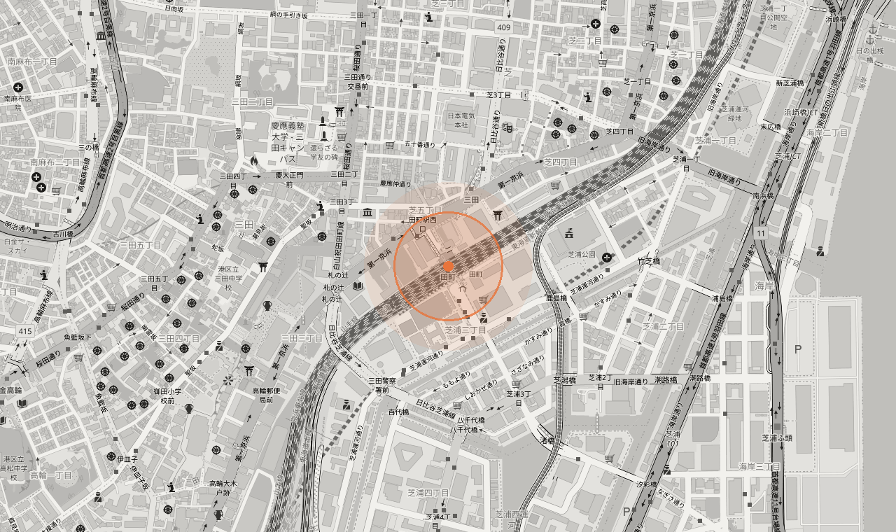 Map of the Tamachi station area (Tamasora Golf Tamachi)